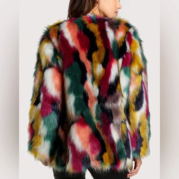Multicolor Faux Fur Coat Long Sleeve Open Front Luxury Colorful Fuzzy Jacket - Picture 4 of 13